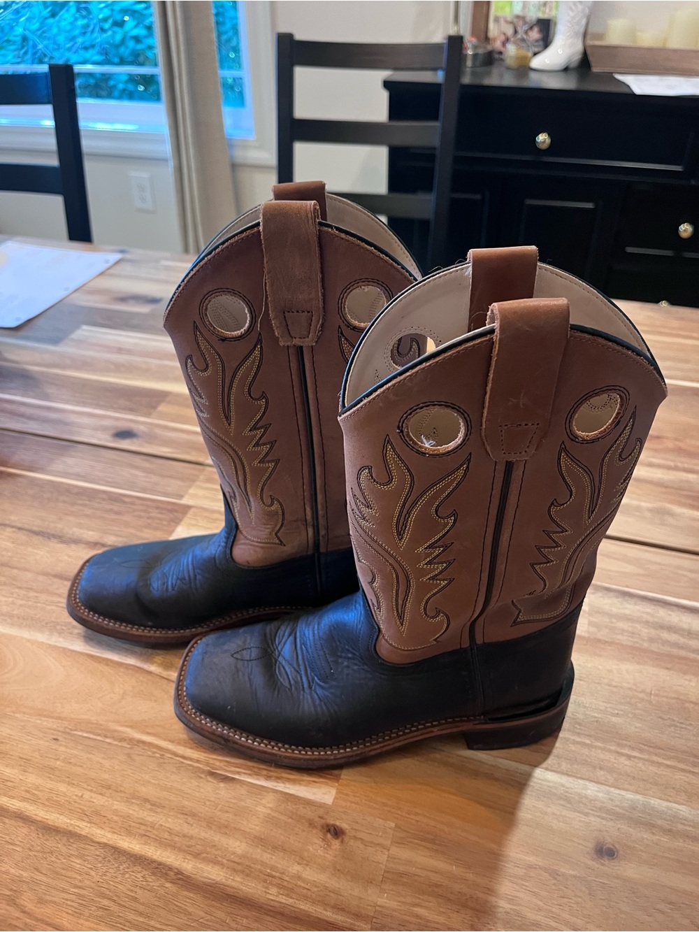 Old West Youth Leather Cowboy Boots Brown Black Square Toe Size 3.5 D BSY1810